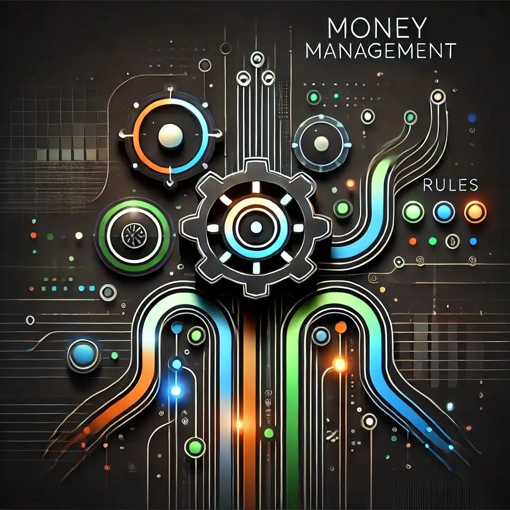 A dark-themed graphic for 'Money Management' with black and white base and vibrant accents, featuring an abstract representation of a rule engine.